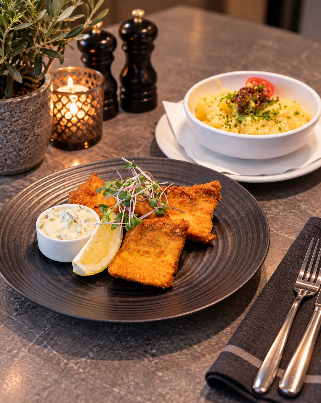 Gebackenes Zanderfilet mit Kartoffelsalat & Kräutermajo aus unserer aktuellen Wochenkarte! 🐟🥔

#food #restaurant #menü #dinner #fisch7#food, #restaurant, #menü, #dinner, #fisch