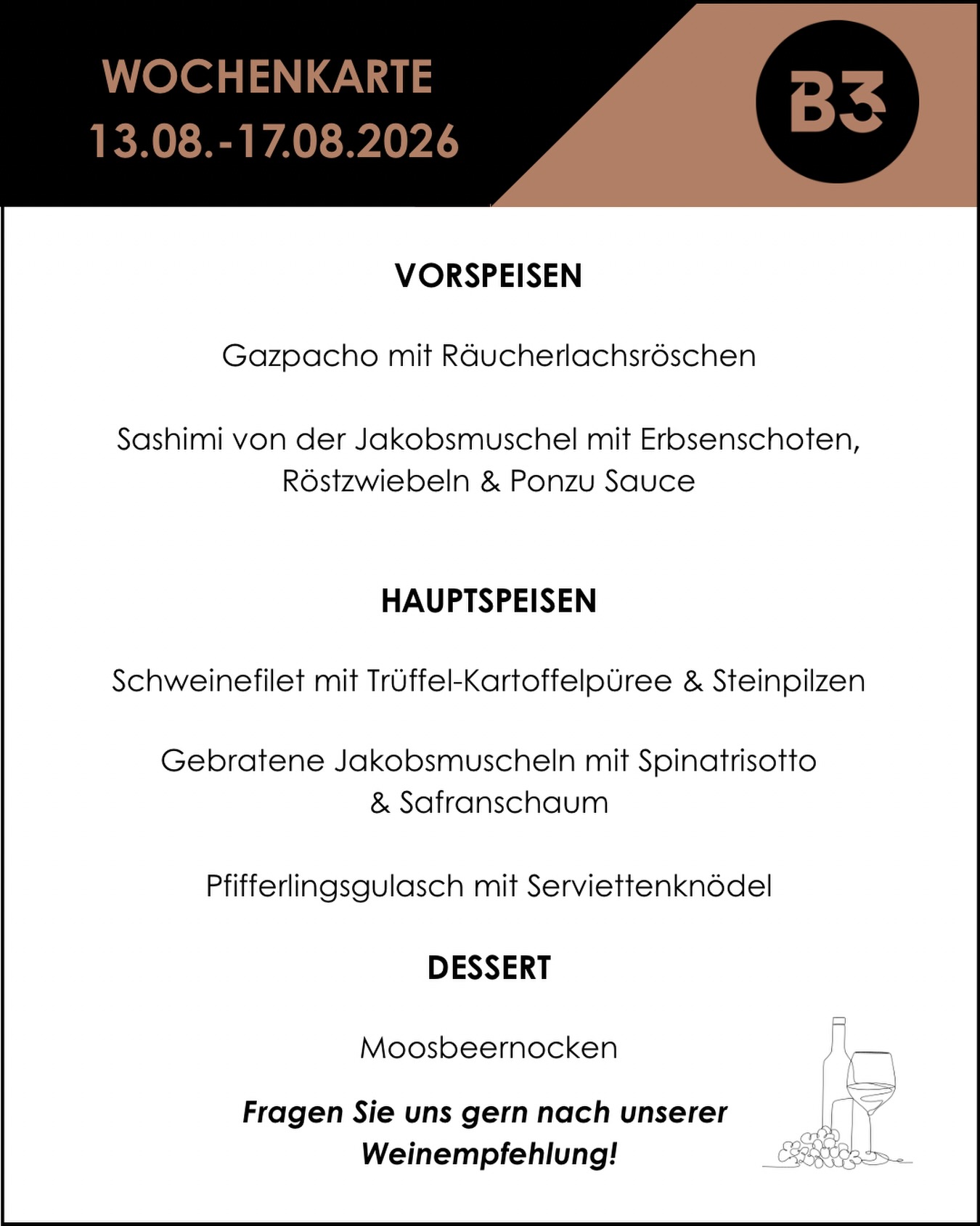Unsere aktuelle Wochenkarte! 📆

#b3 #wattens #restaurant #menü #foodlover5#b3, #wattens, #restaurant, #menü, #foodlover