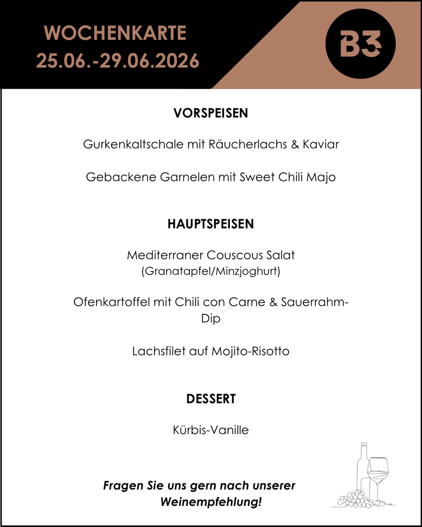 Unsere aktuelle Wochenkarte! 📆

#b3 #wattens #restaurant #menü #foodlover4#b3, #wattens, #restaurant, #menü, #foodlover