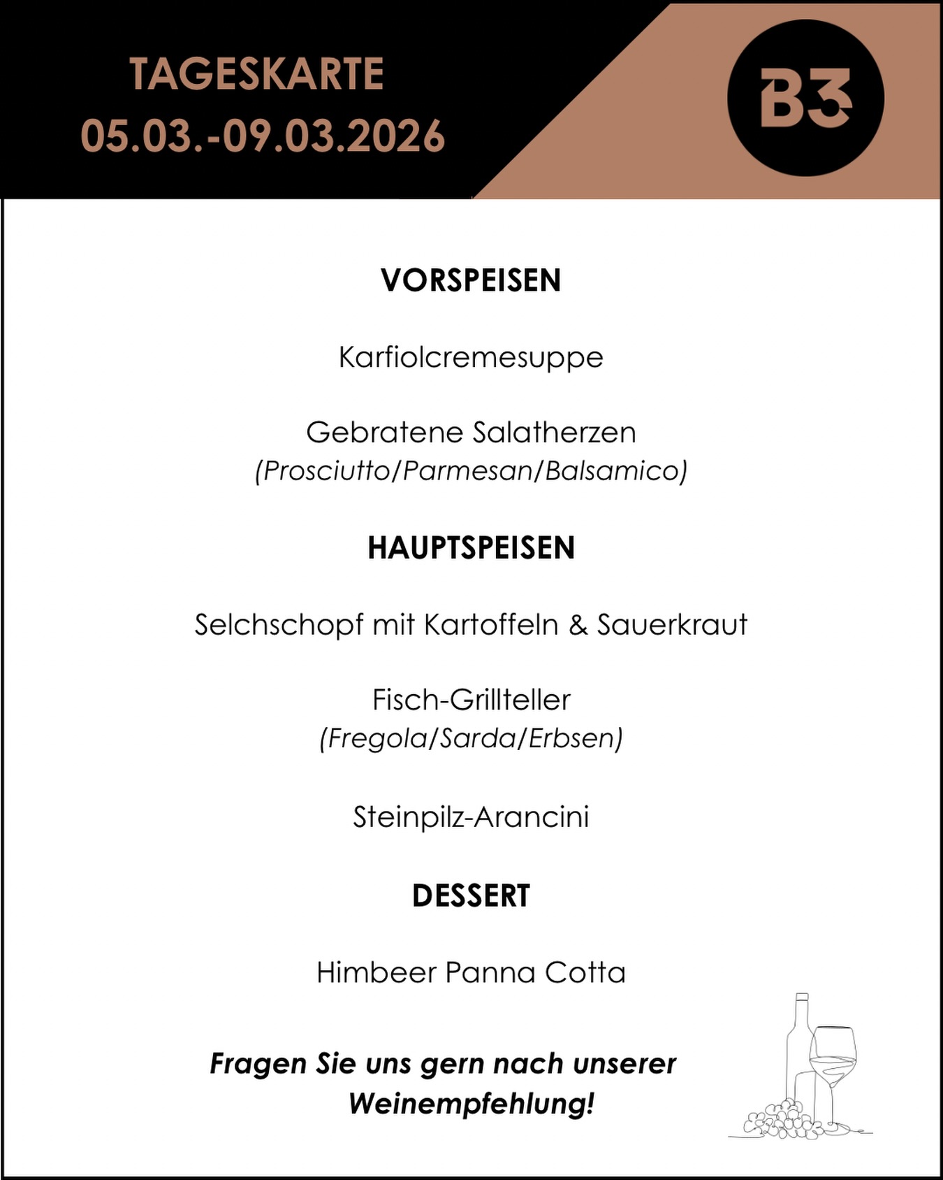 Unsere aktuelle Tageskarte! 📆

#b3 #wattens #restaurant #menü #foodlover6#b3, #wattens, #restaurant, #menü, #foodlover