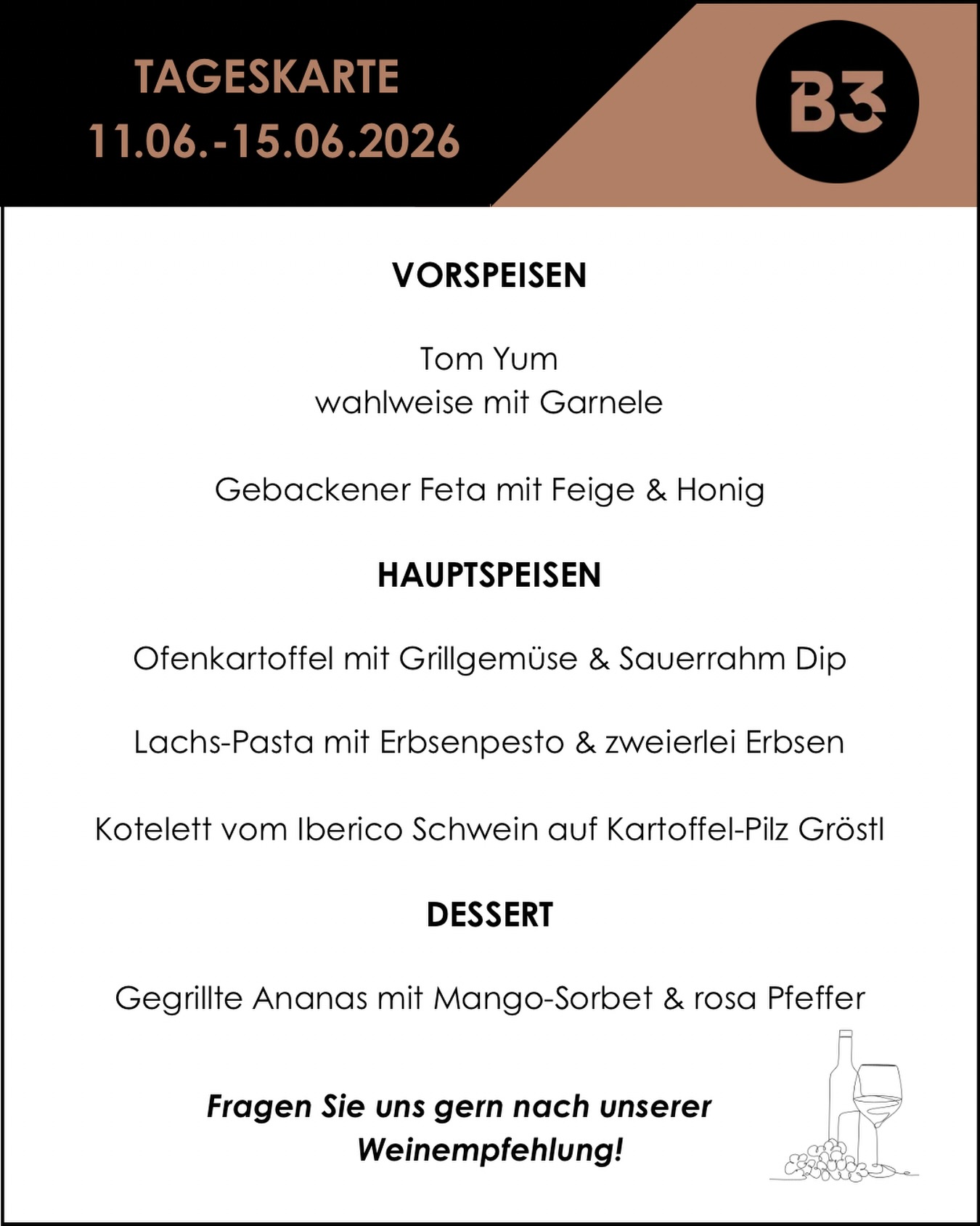 Unsere aktuelle Tageskarte! 📆

#b3 #wattens #restaurant #menü #foodlover5#b3, #wattens, #restaurant, #menü, #foodlover