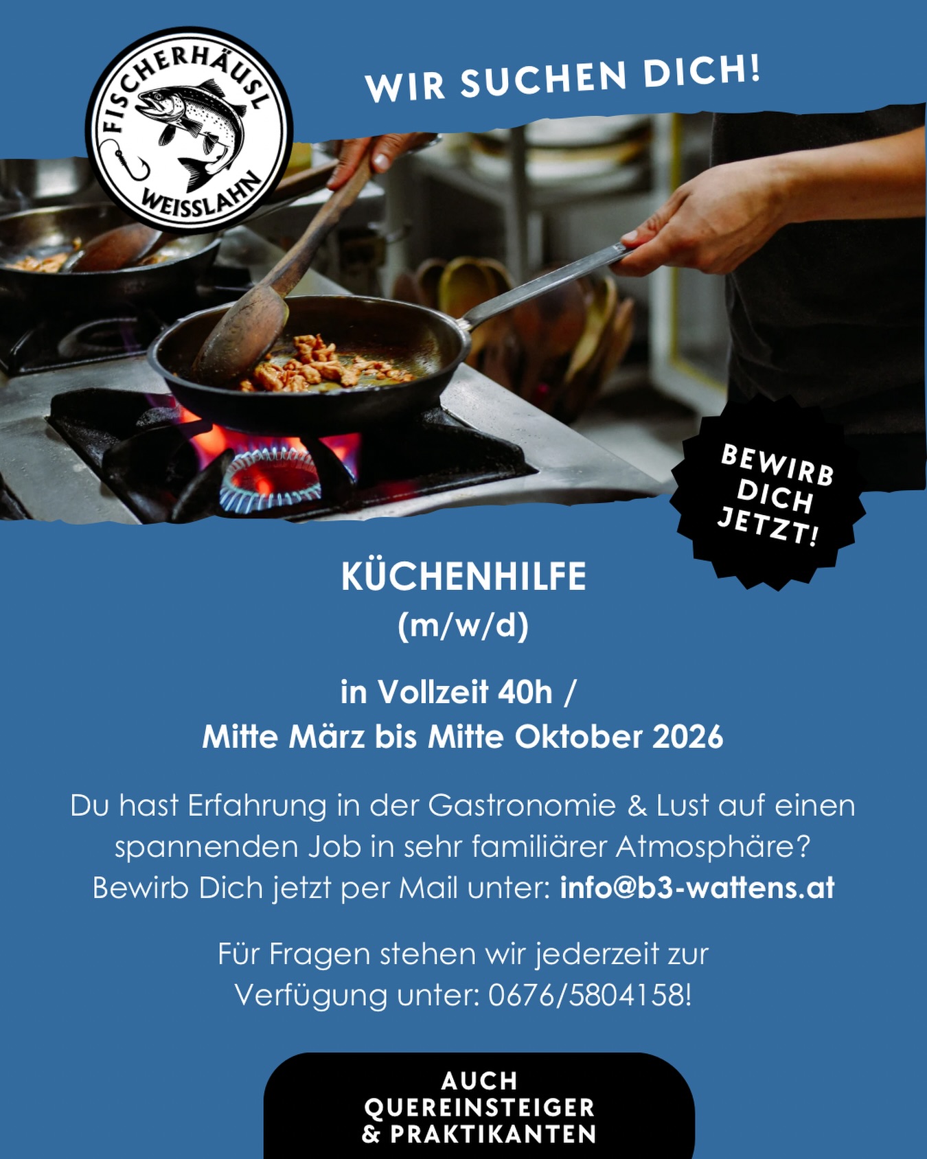 Für 2026 suchen wir von Mitte März bis Mitte Oktober eine Küchenhilfe auf Vollzeitbasis (40h/Woche) für das Fischerhäusl Weisslahn in Terfens!
👨🏻‍🍳👩‍🍳

#b3 #wattens #gastro #job #tirol9#b3, #wattens, #gastro, #job, #tirol