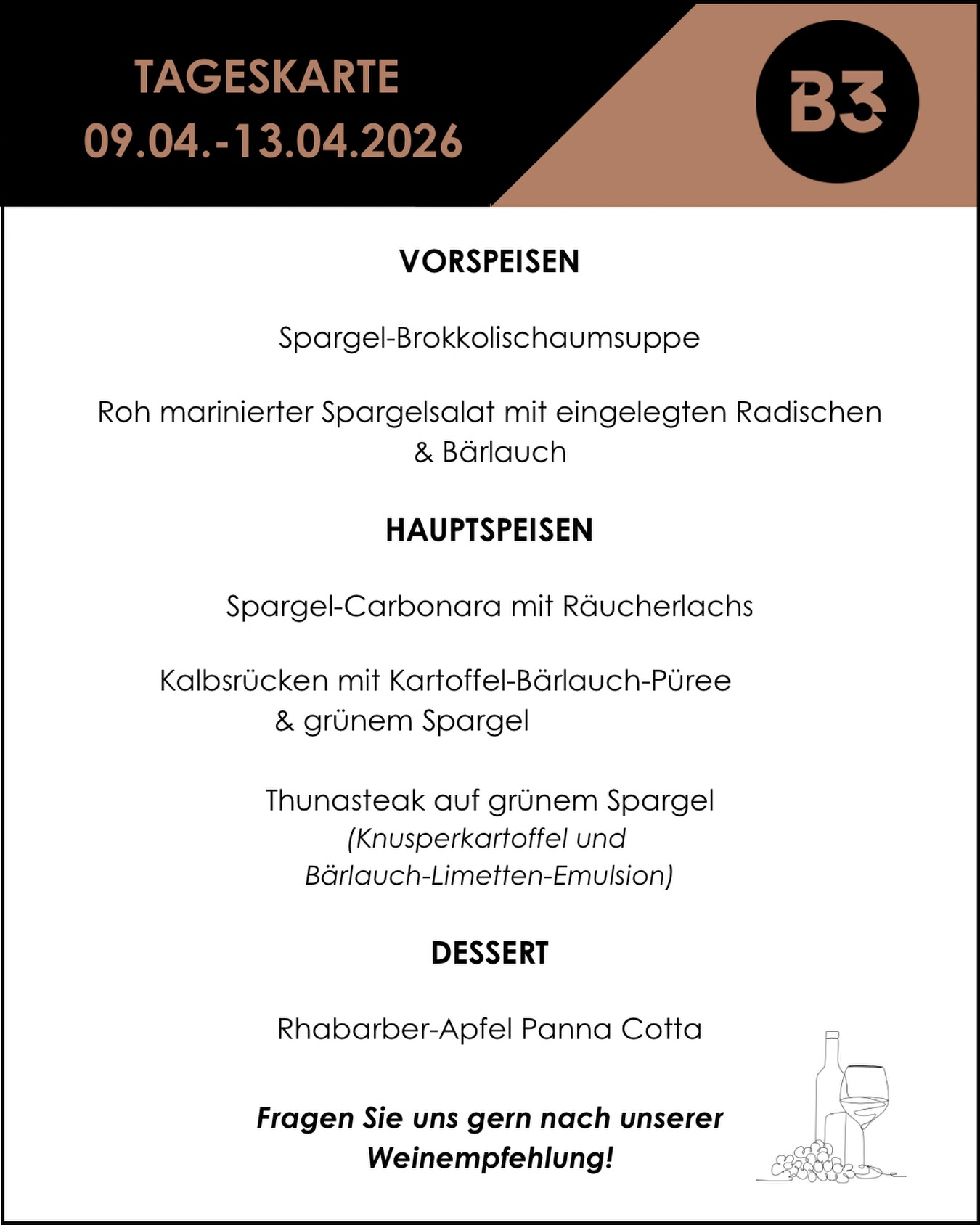 Unsere aktuelle Tageskarte! 📆

#b3 #restaurant #bar #menü #foodlover7#b3, #restaurant, #bar, #menü, #foodlover