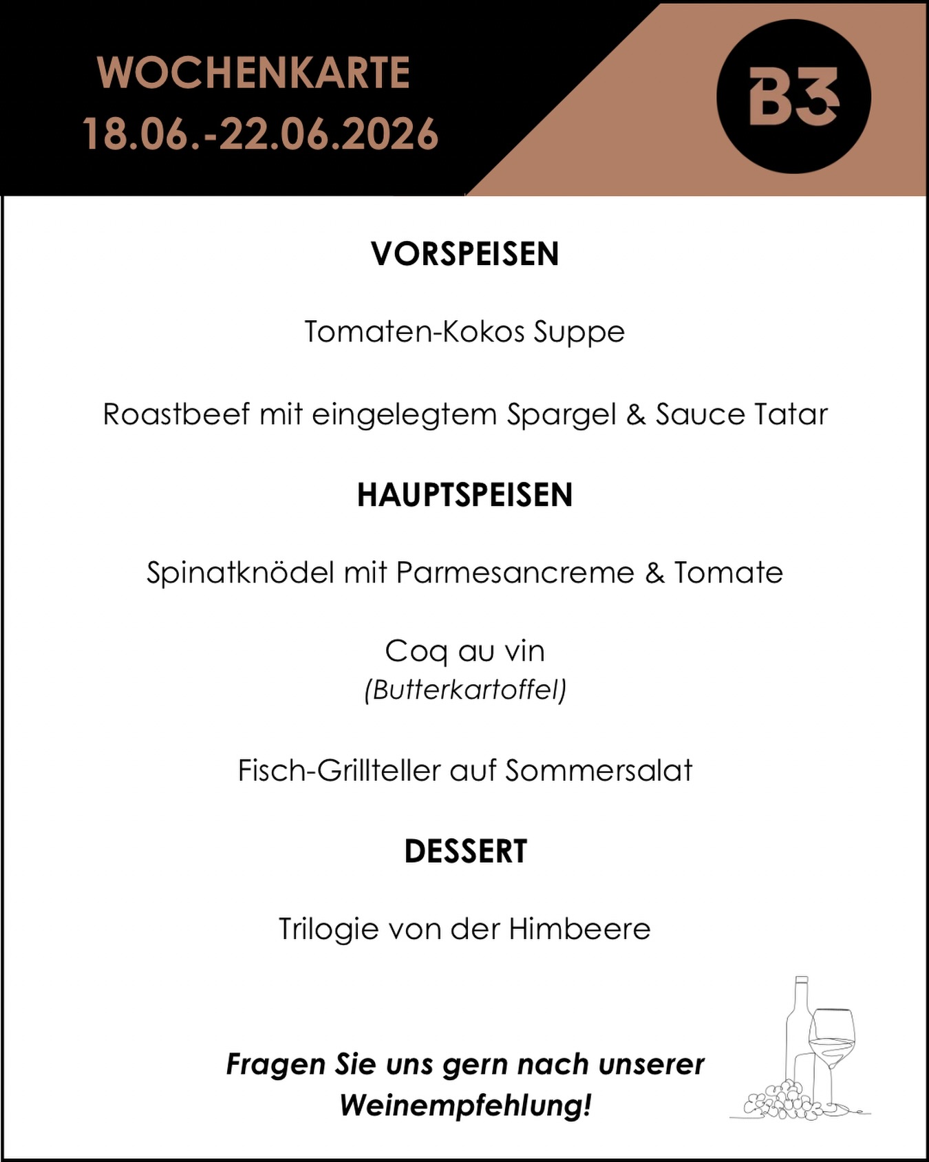 Unsere aktuelle Wochenkarte! 📆

#b3 #wattens #restaurant #menü #foodlover7#b3, #wattens, #restaurant, #menü, #foodlover