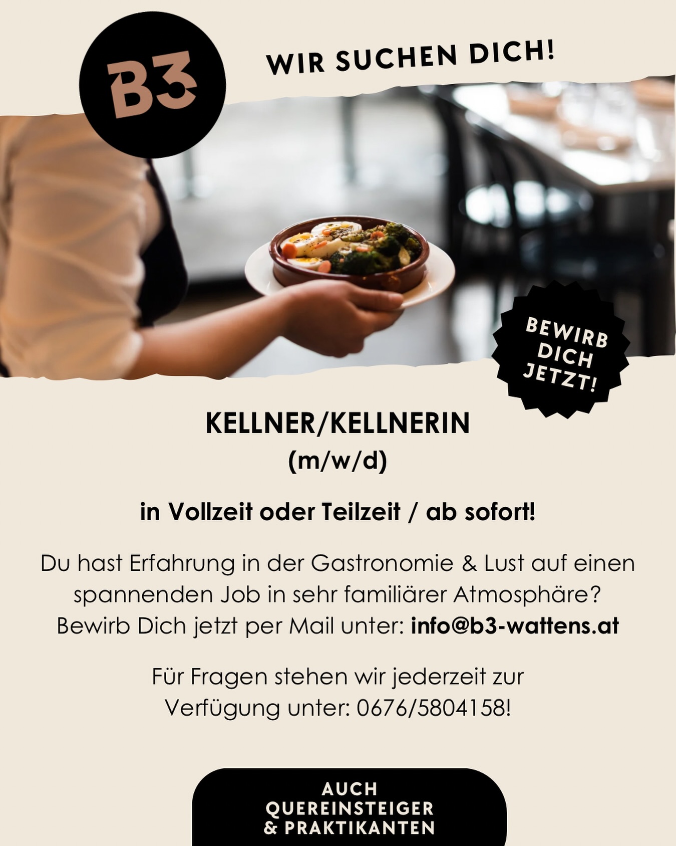 Wir suchen Verstärkung bei uns im B3! Ab sofort suchen wir einen Kellner/eine Kellnerin auf Vollzeit- oder Teilzeitbasis!
🍷🍽️🥘

#b3 #wattens #gastro #job #tirol8#b3, #wattens, #gastro, #job, #tirol