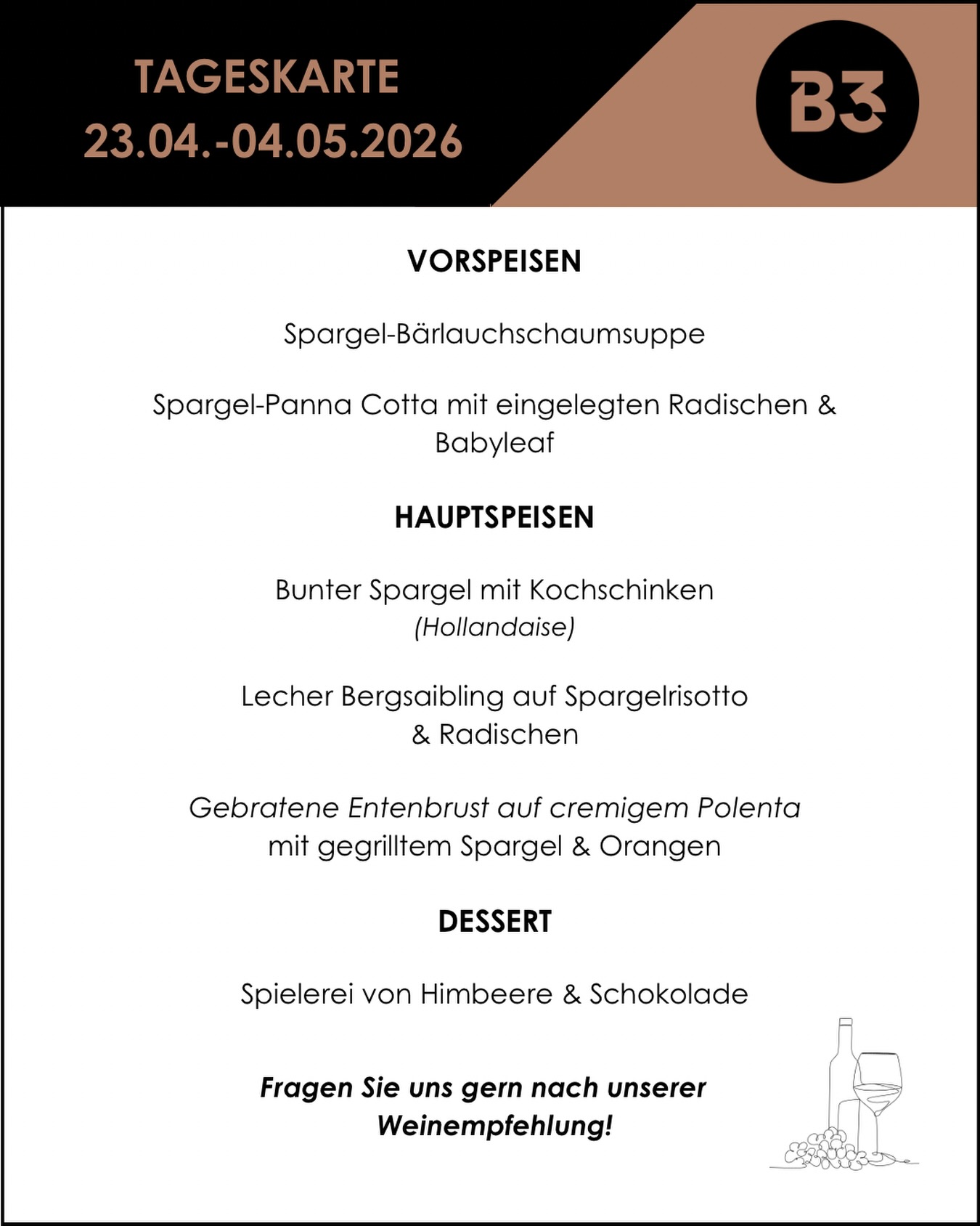 Unsere aktuelle Tageskarte! 📆

#b3 #wattens #bar #menü #foodlovers7#b3, #wattens, #bar, #menü, #foodlovers