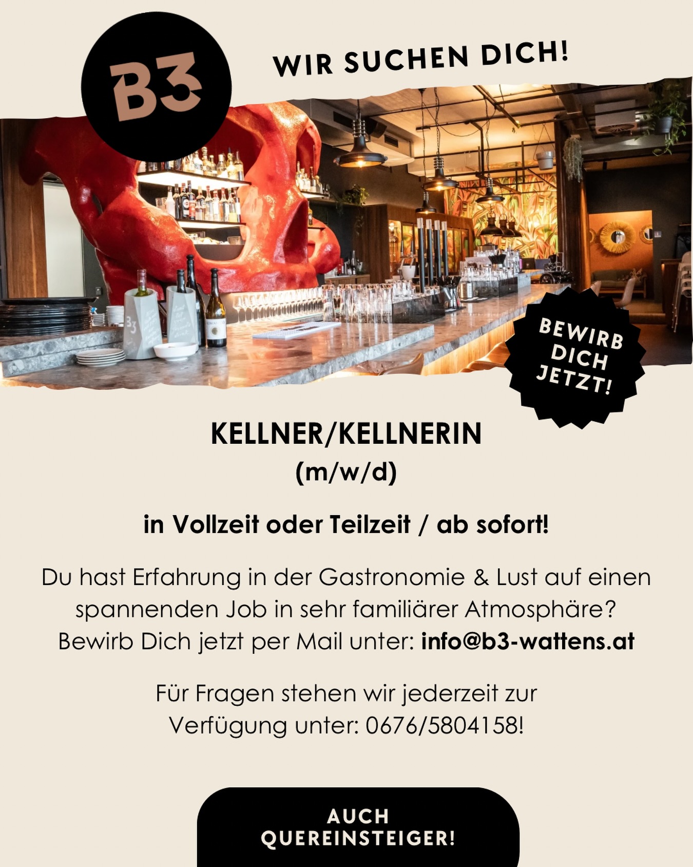 ‼️Wir suchen Verstärkung im Service‼️

Wenn du Interesse hast, oder gerade auf der Suche nach einem spannenden Job in familiärer Atmosphäre bist, dann bewirb dich gern per Mail oder Telefon! 🫱🏻‍🫲🏼

📧 info@b3-wattens.at
☎️ 0676/5804158

#job #gastro #service #tirol #restaurant8#job, #gastro, #service, #tirol, #restaurant