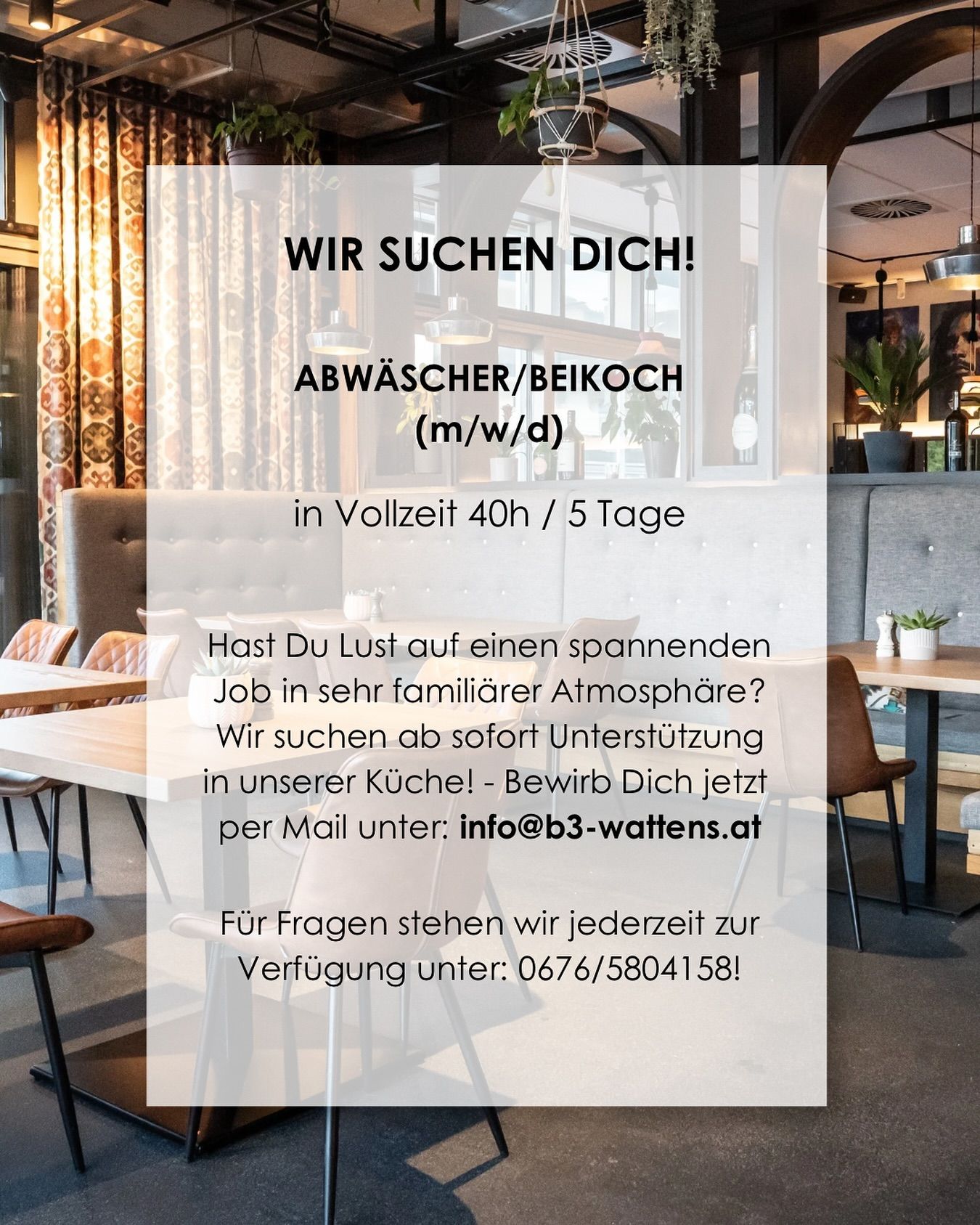 Wir suchen ab sofort Unterstützung in unserer Küche! Wenn du Erfahrung in der Gastronomie hast - und Lust auf neue Herausforderungen, dann bewirb dich gern per Mail an: info@b3-wattens.atFalls du noch Fragen hast, kannst du dich jederzeit gern telefonisch bei uns melden:0676/5804158Wir freuen uns auf deine Bewerbung!#b3 #wattens #bar #restaurant #lounge #gastro #jobs #bewerbung #küche #koch #abwäscher10#b3, #wattens, #bar, #restaurant, #lounge, #gastro, #jobs, #bewerbung, #küche, #koch, #abwäscher