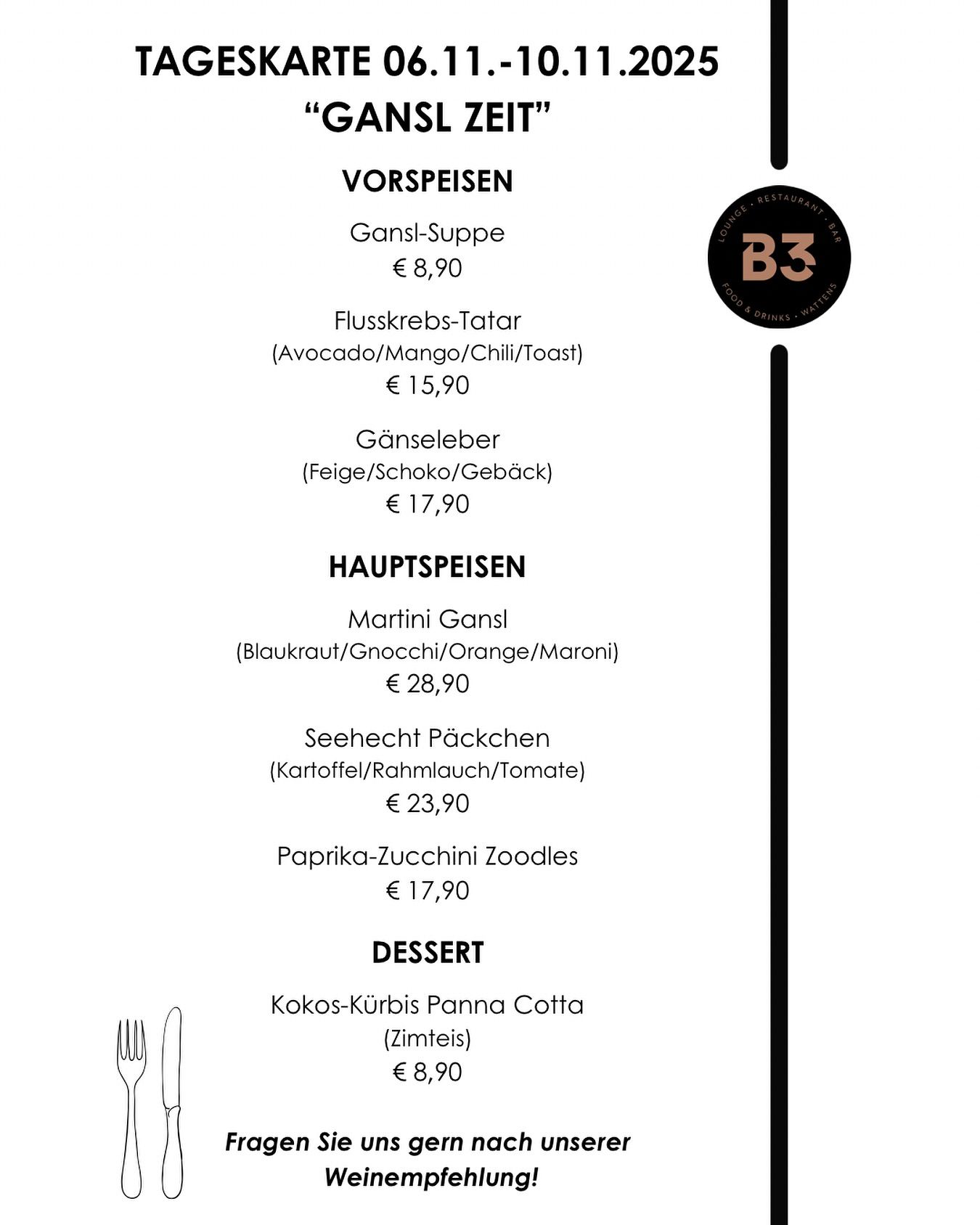 Unsere aktuelle Tageskarte! 📆#b3 #wattens #restaurant #bar #lounge #food #foodlover #drinks #beer #wine #party #events #catering #foodporn #instafood #dinner #breakfast #lunch #delicious #yummy #coffee #cafe #tasty #cocktails #homemade #gastro #gastronomie #tirol #menü9#b3, #wattens, #restaurant, #bar, #lounge, #food, #foodlover, #drinks, #beer, #wine, #party, #events, #catering, #foodporn, #instafood, #dinner, #breakfast, #lunch, #delicious, #yummy, #coffee, #cafe, #tasty, #cocktails, #homemade, #gastro, #gastronomie, #tirol, #menü